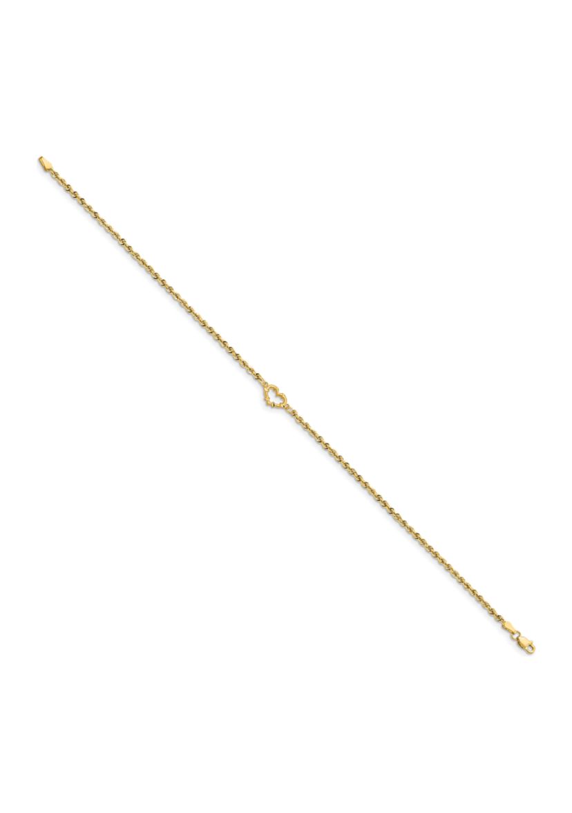 14K Yellow Gold Diamond Cut Open Heart Rope Anklet