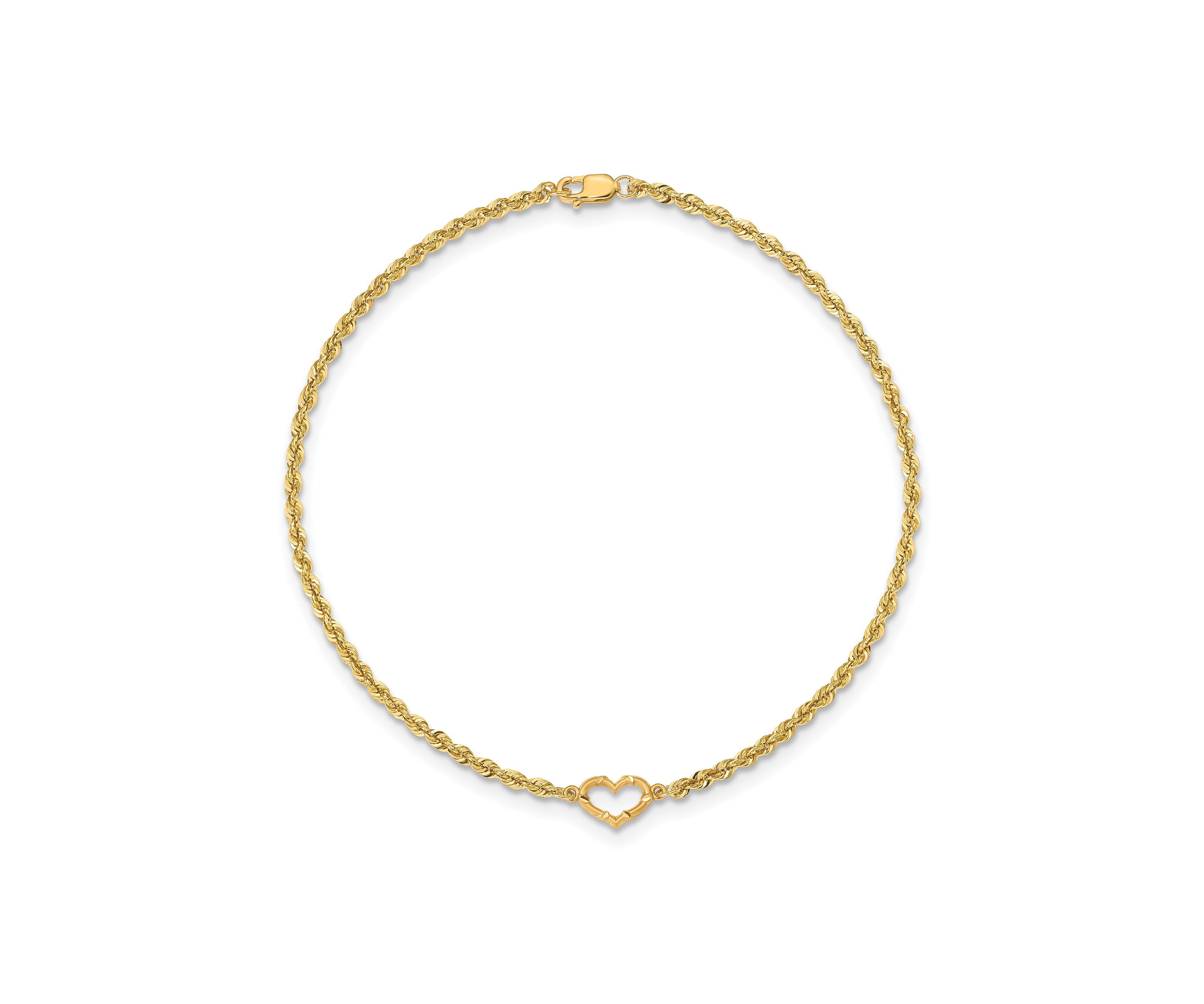 14K Yellow Gold Diamond Cut Open Heart Rope Anklet