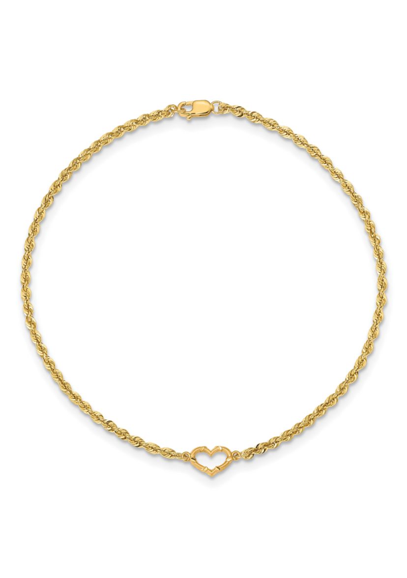 14K Yellow Gold Diamond Cut Open Heart Rope Anklet