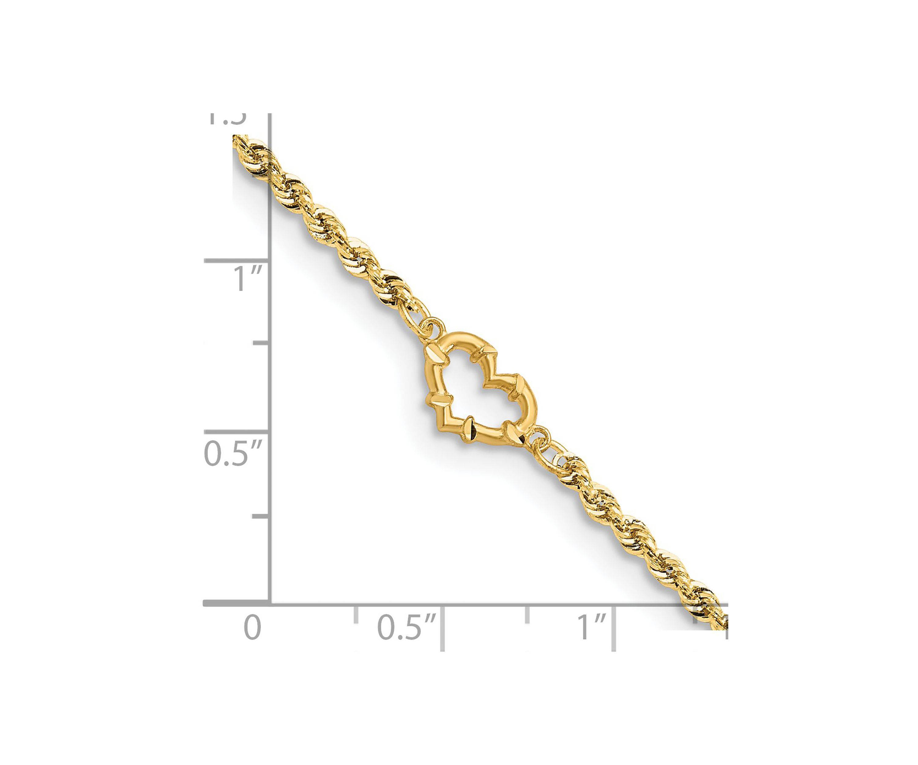 14K Yellow Gold Diamond Cut Open Heart Rope Anklet