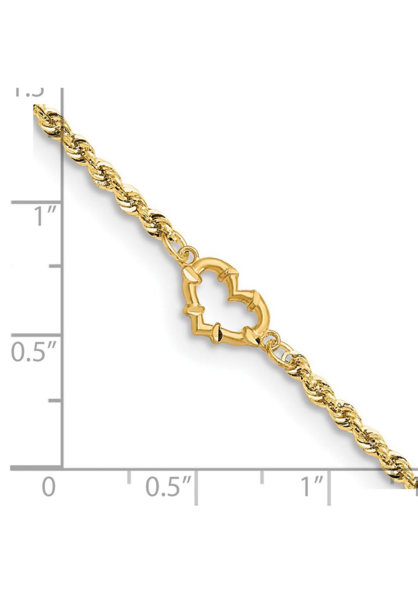 14K Yellow Gold Diamond Cut Open Heart Rope Anklet