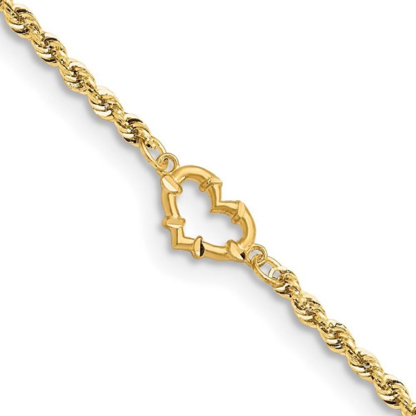 14K Yellow Gold Diamond Cut Open Heart Rope Anklet