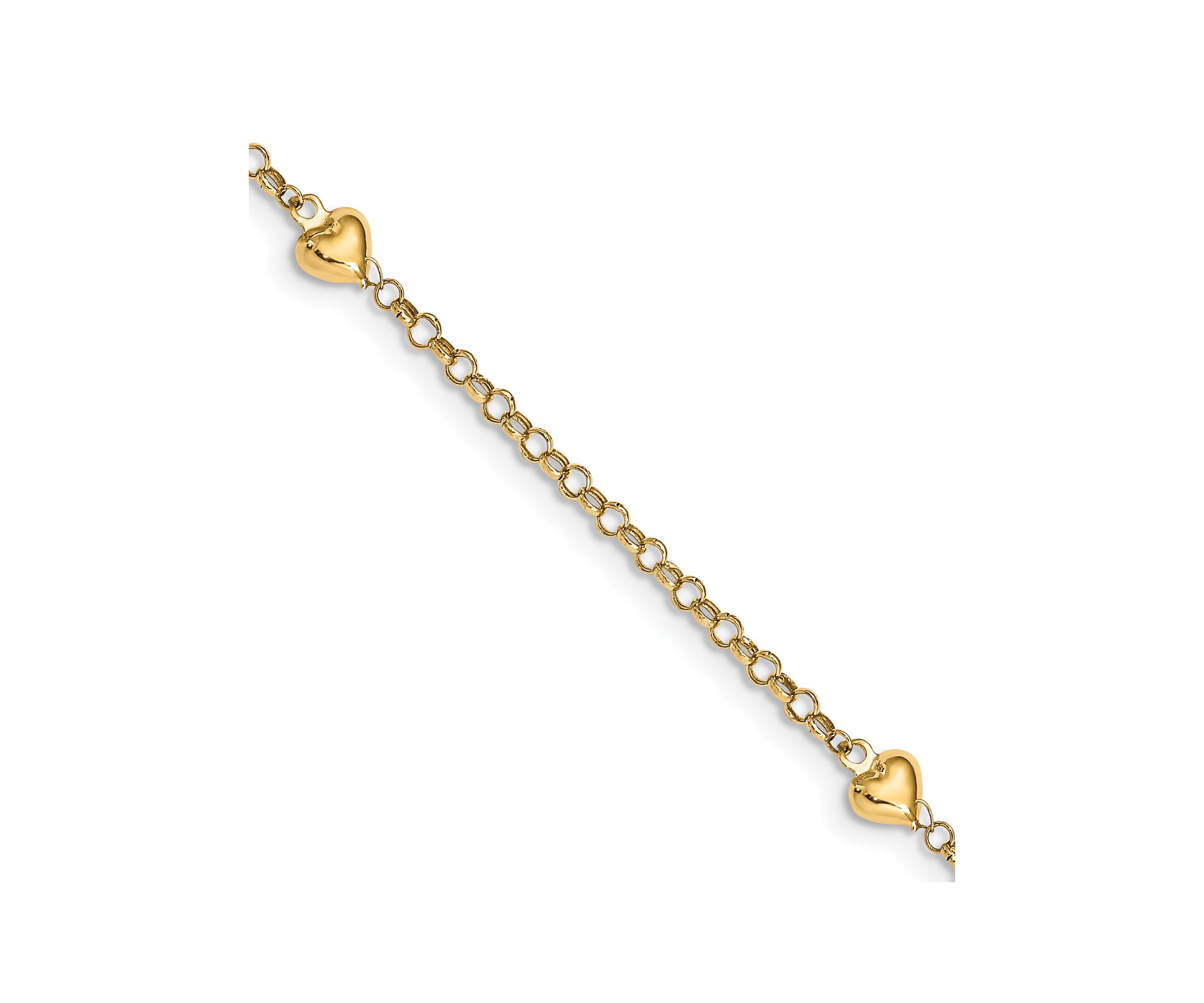 14K Yellow Gold Puff Heart 10 Inch Anklet