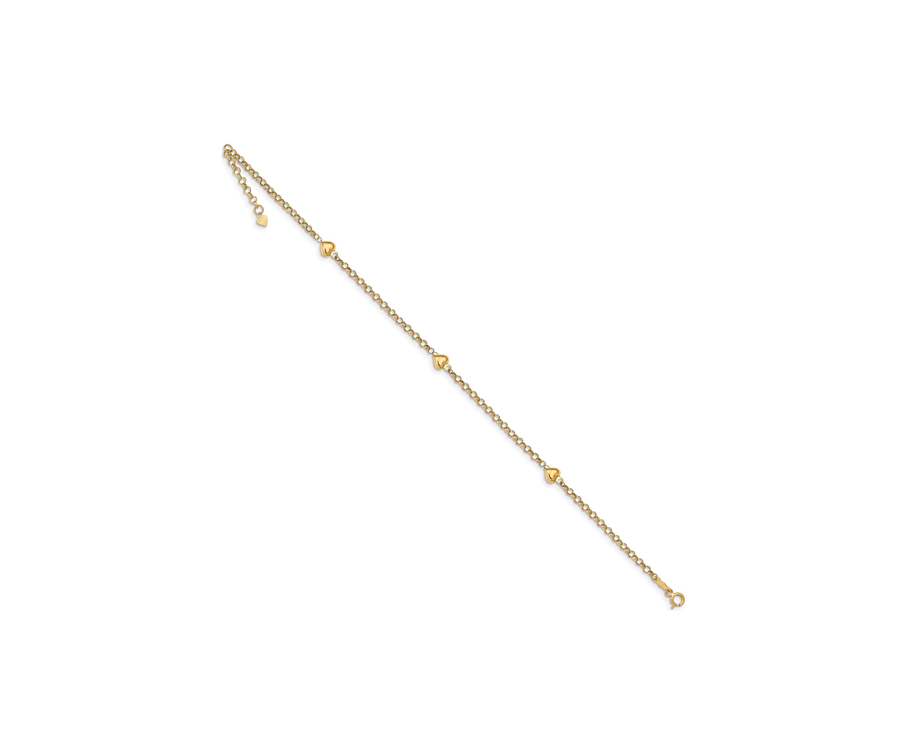 14K Yellow Gold Puff Heart 10 Inch Anklet