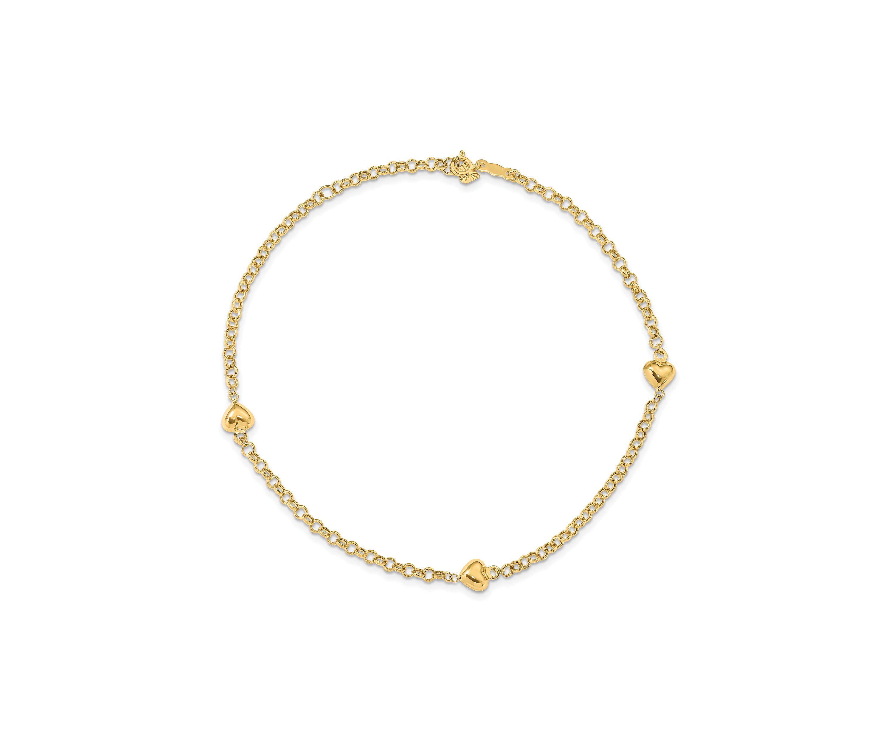 14K Yellow Gold Puff Heart 10 Inch Anklet