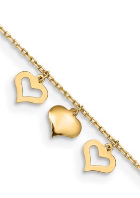 Belk & Co 14K Yellow Gold 3 Hearts 9 Inch Plus 1 Inch Extension Anklet