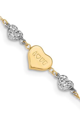 Belk & Co 14K Two Tone Diamond Cut Puffed Heart LOVE 9 Inch Plus 1 Inch Extension Anklet, Yellow