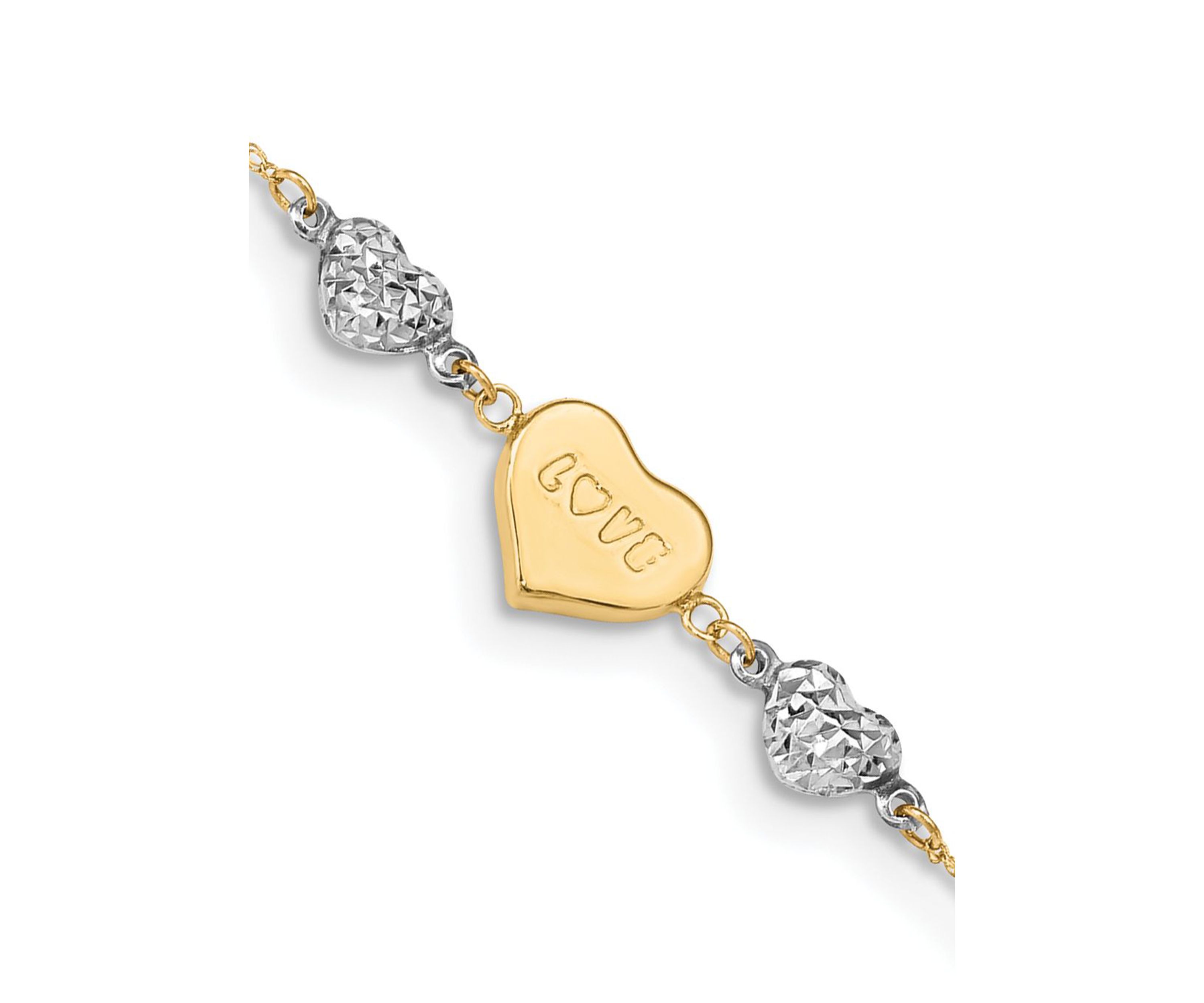 14K Two Tone Diamond Cut Puffed Heart LOVE 9 Inch Plus 1 Inch Extension Anklet