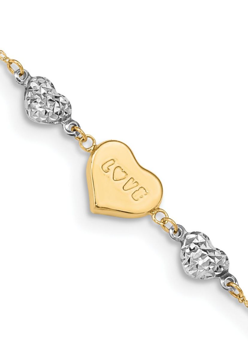 14K Two Tone Diamond Cut Puffed Heart LOVE 9 Inch Plus 1 Inch Extension Anklet