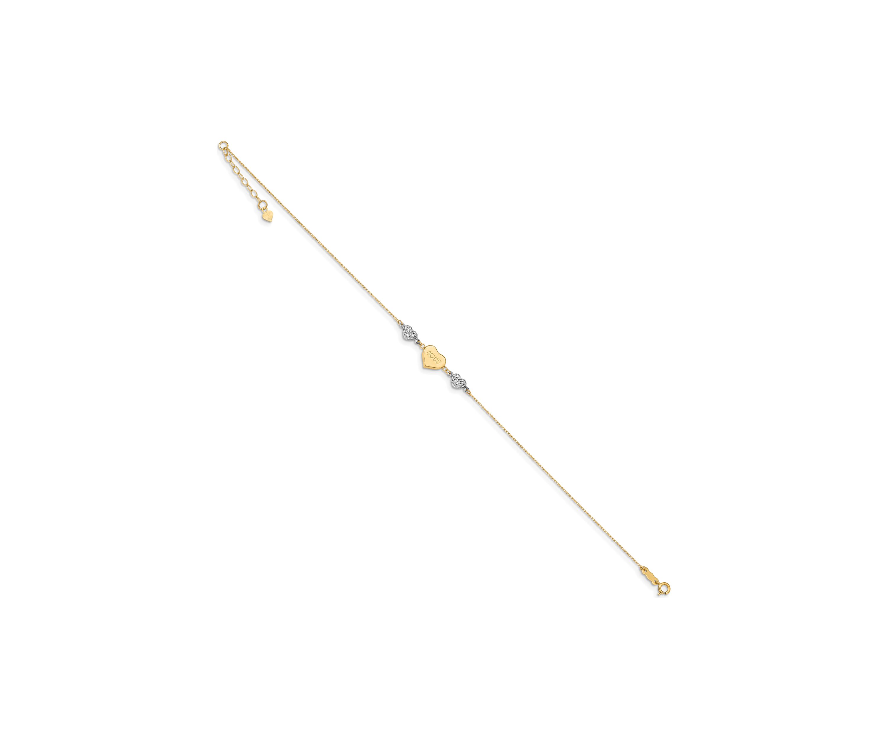 14K Two Tone Diamond Cut Puffed Heart LOVE 9 Inch Plus 1 Inch Extension Anklet