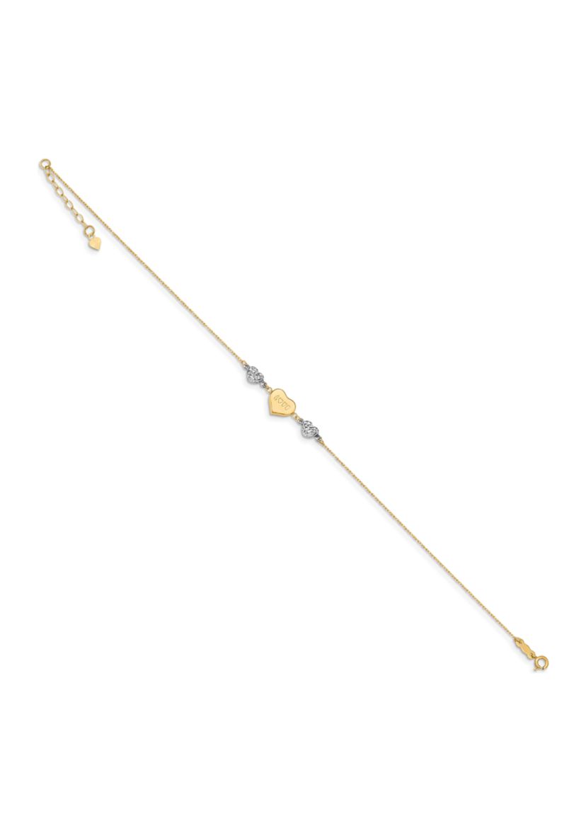 14K Two Tone Diamond Cut Puffed Heart LOVE 9 Inch Plus 1 Inch Extension Anklet