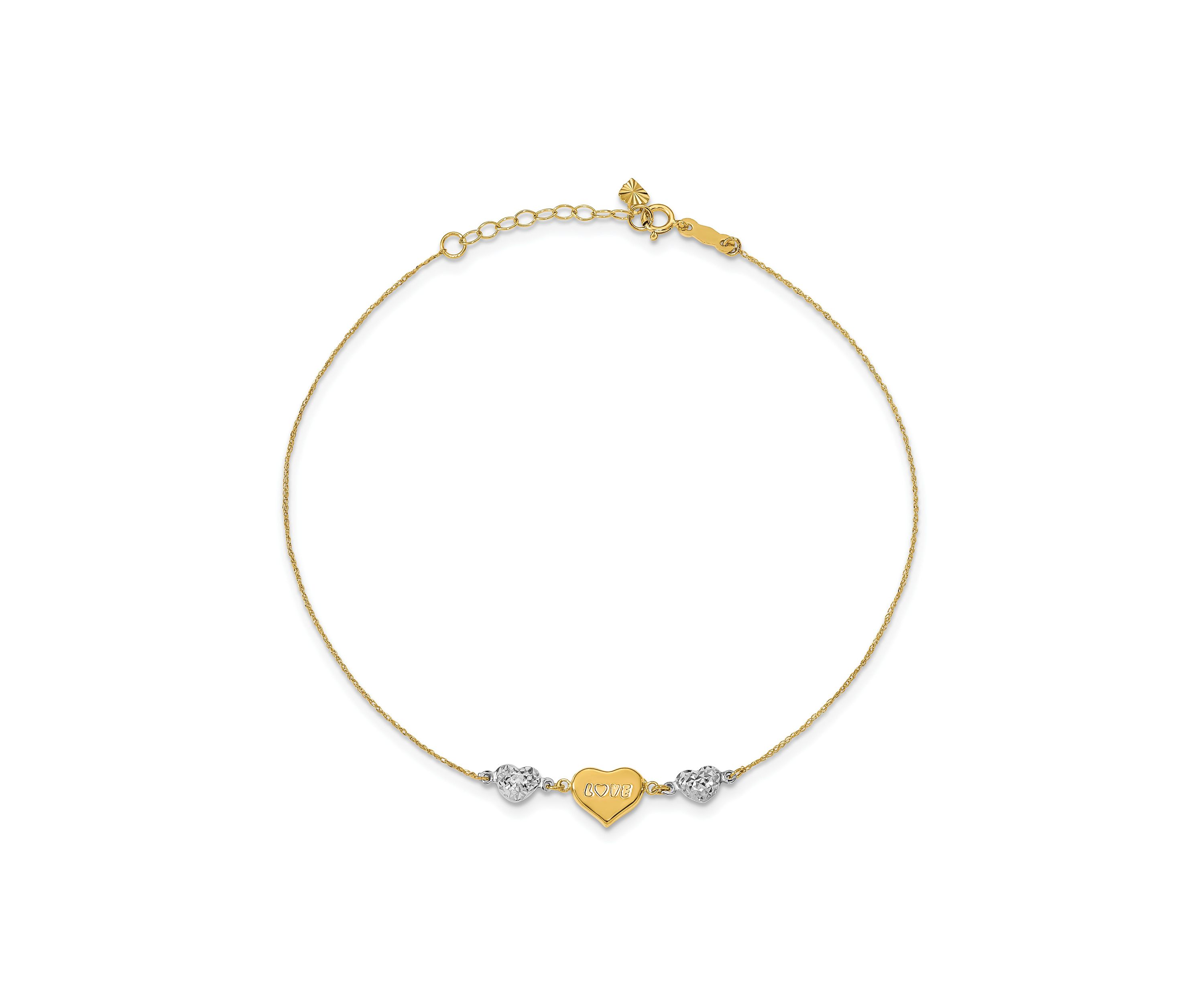 14K Two Tone Diamond Cut Puffed Heart LOVE 9 Inch Plus 1 Inch Extension Anklet