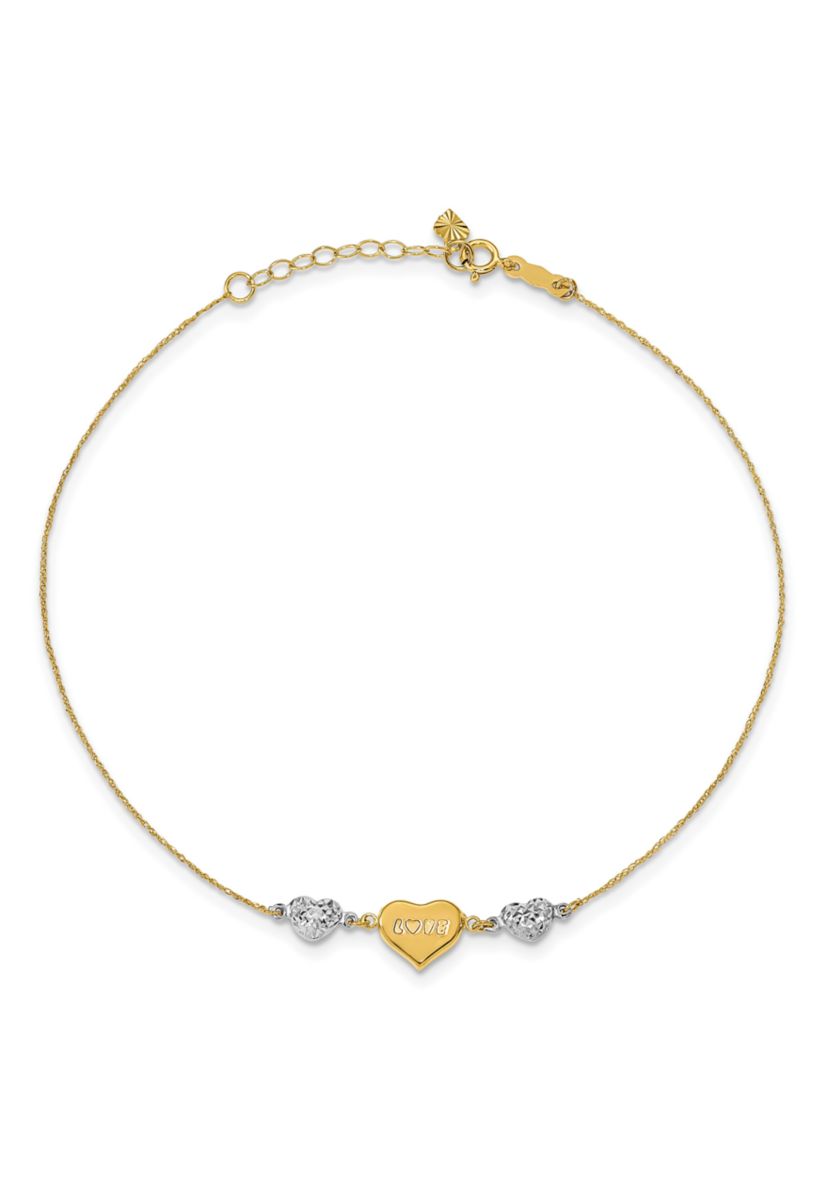 14K Two Tone Diamond Cut Puffed Heart LOVE 9 Inch Plus 1 Inch Extension Anklet
