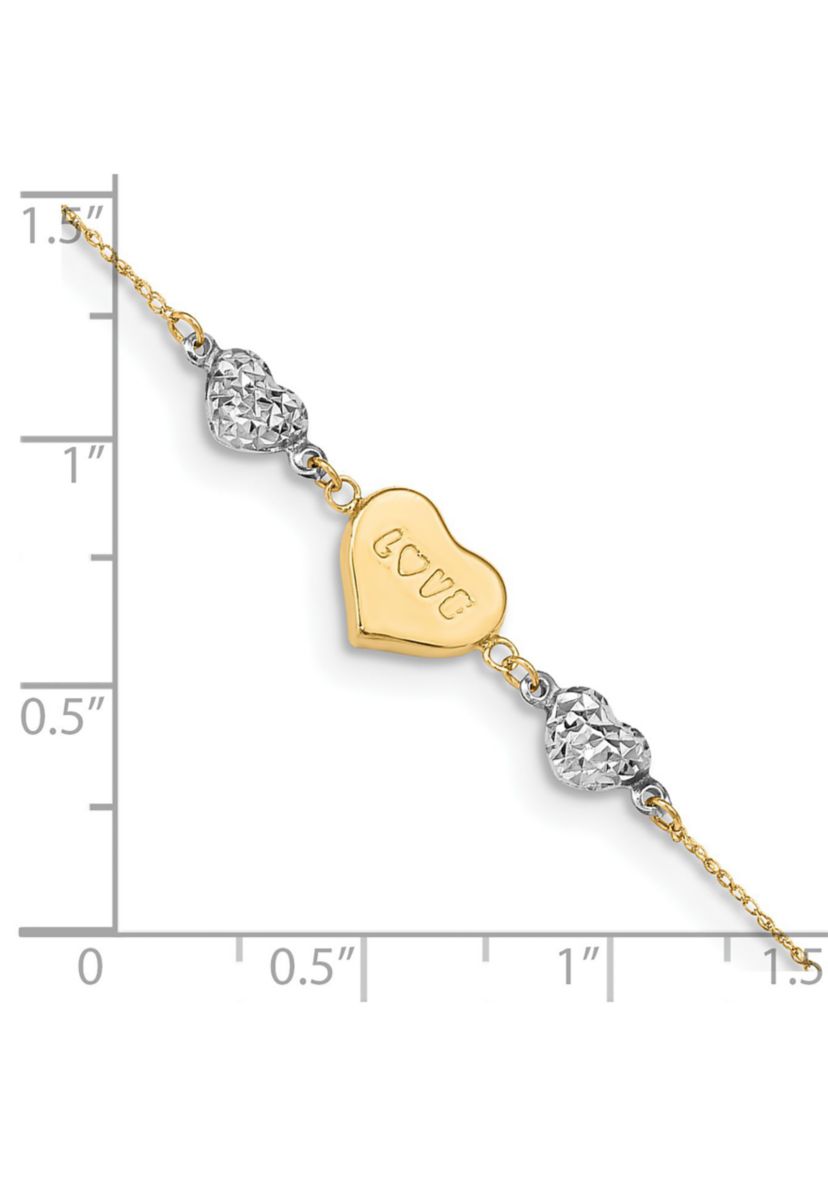14K Two Tone Diamond Cut Puffed Heart LOVE 9 Inch Plus 1 Inch Extension Anklet