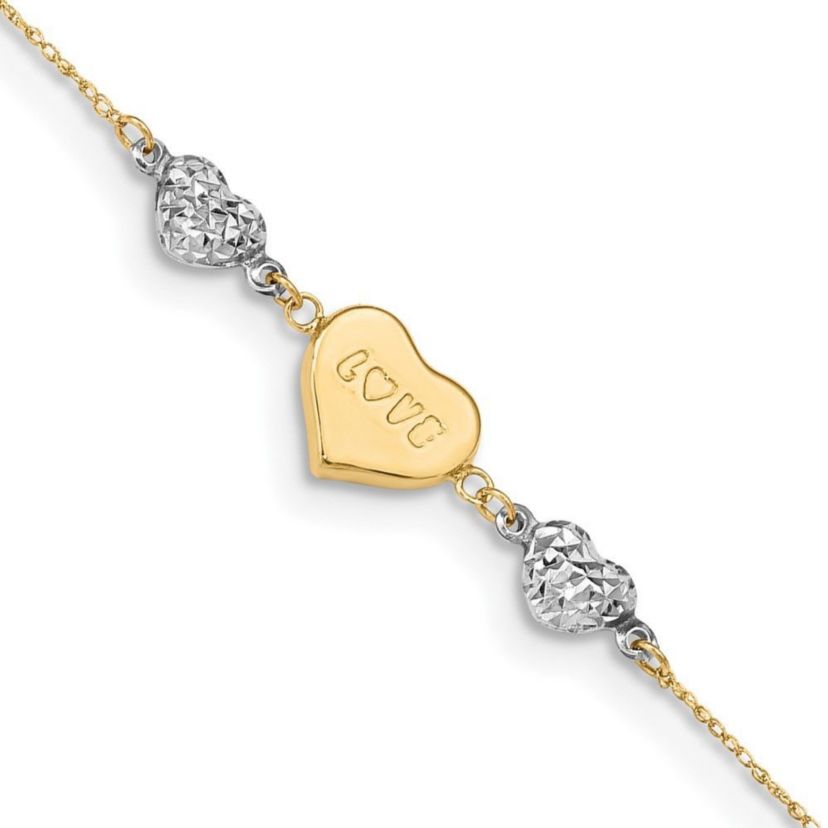 14K Two Tone Diamond Cut Puffed Heart LOVE 9 Inch Plus 1 Inch Extension Anklet