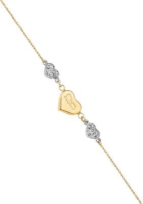 Belk & Co 14K Two Tone Puffed MOM Heart 7 Inch with 1 Inch Extender Bracelet, Yellow