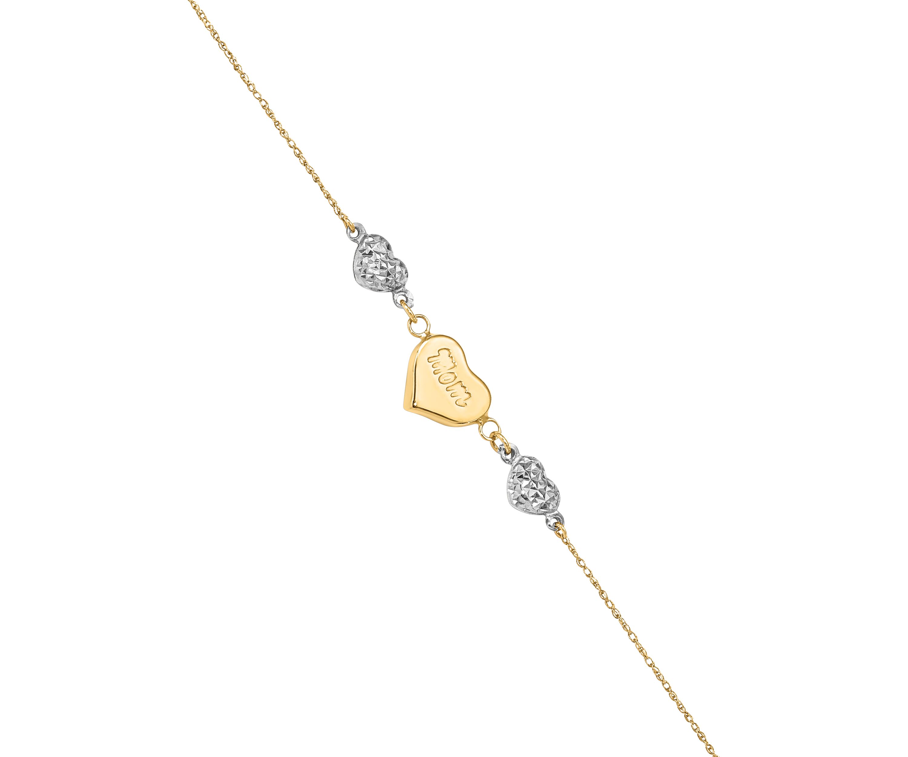 14K Two Tone Puffed MOM Heart 7 Inch with 1 Inch Extender Bracelet
