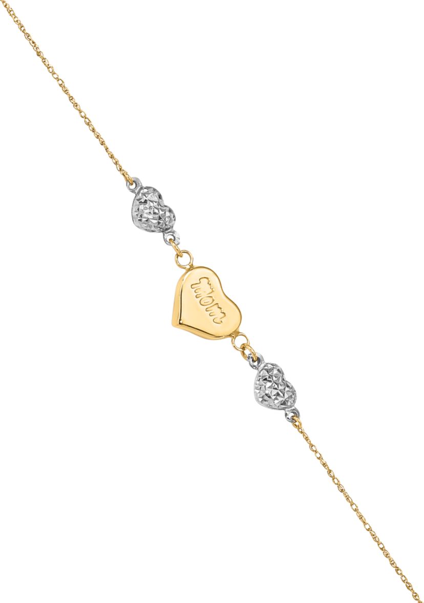 14K Two Tone Puffed MOM Heart 7 Inch with 1 Inch Extender Bracelet
