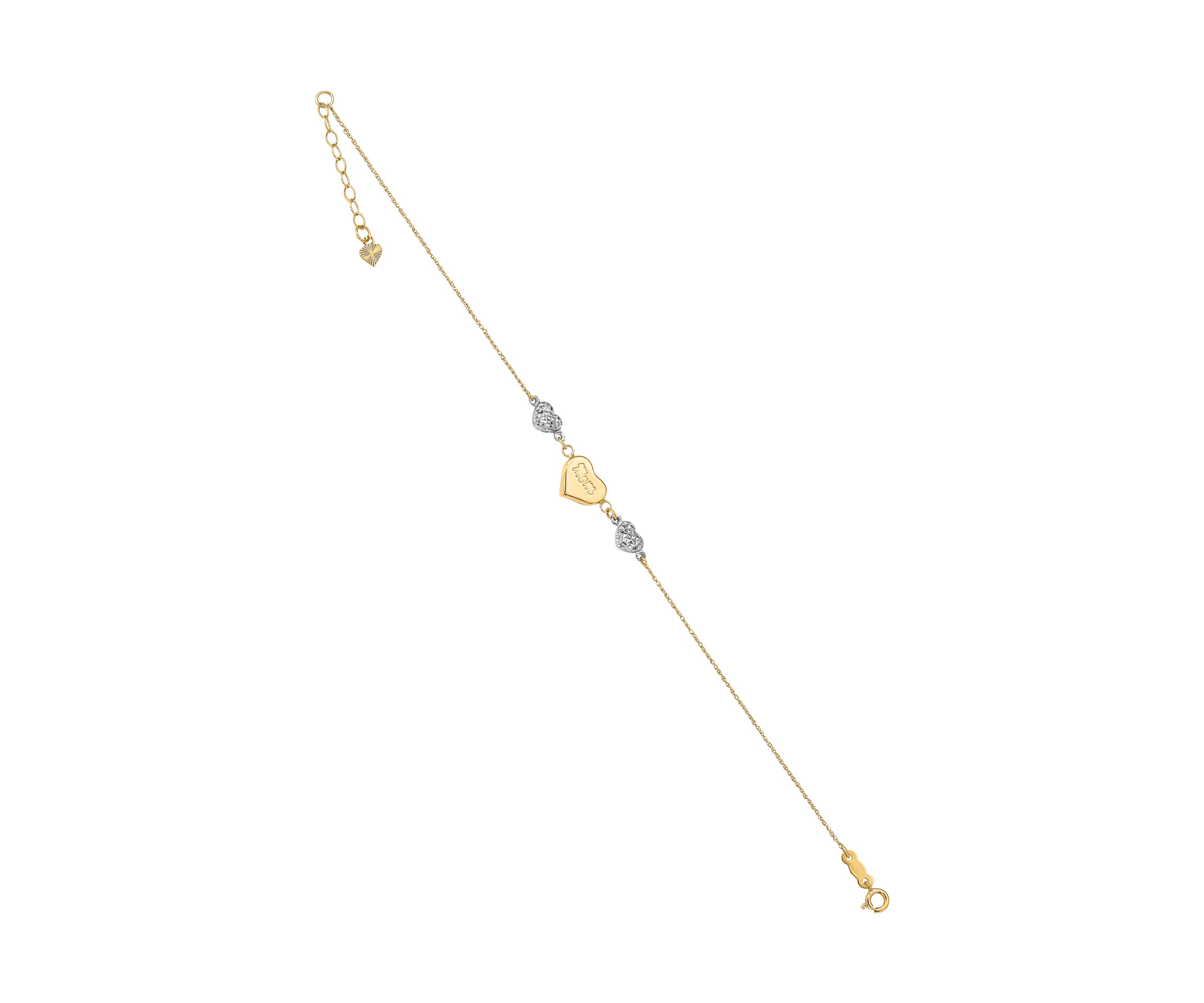 14K Two Tone Puffed MOM Heart 7 Inch with 1 Inch Extender Bracelet
