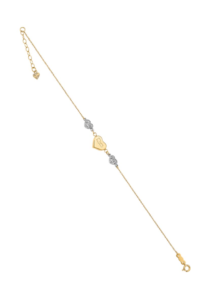 14K Two Tone Puffed MOM Heart 7 Inch with 1 Inch Extender Bracelet