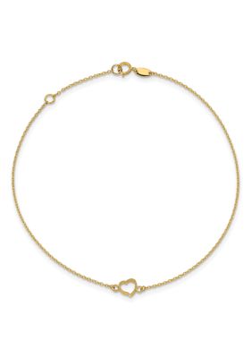 Belk & Co 14K Yellow Gold Textured and Polished Heart 9 Inch Plus 1 Inch Extension Anklet