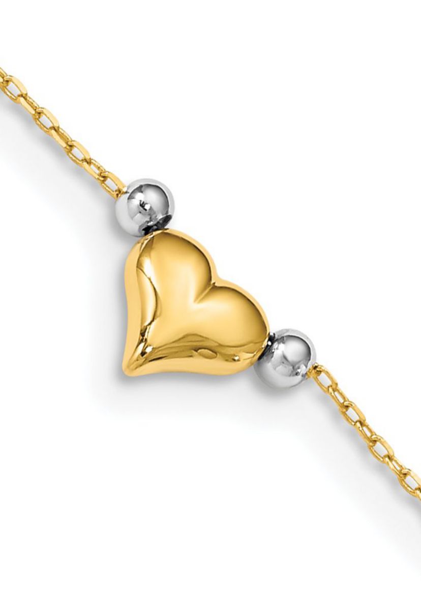 14K Two Tone Polished Puffed Heart with Beads 10 Inch Anklet