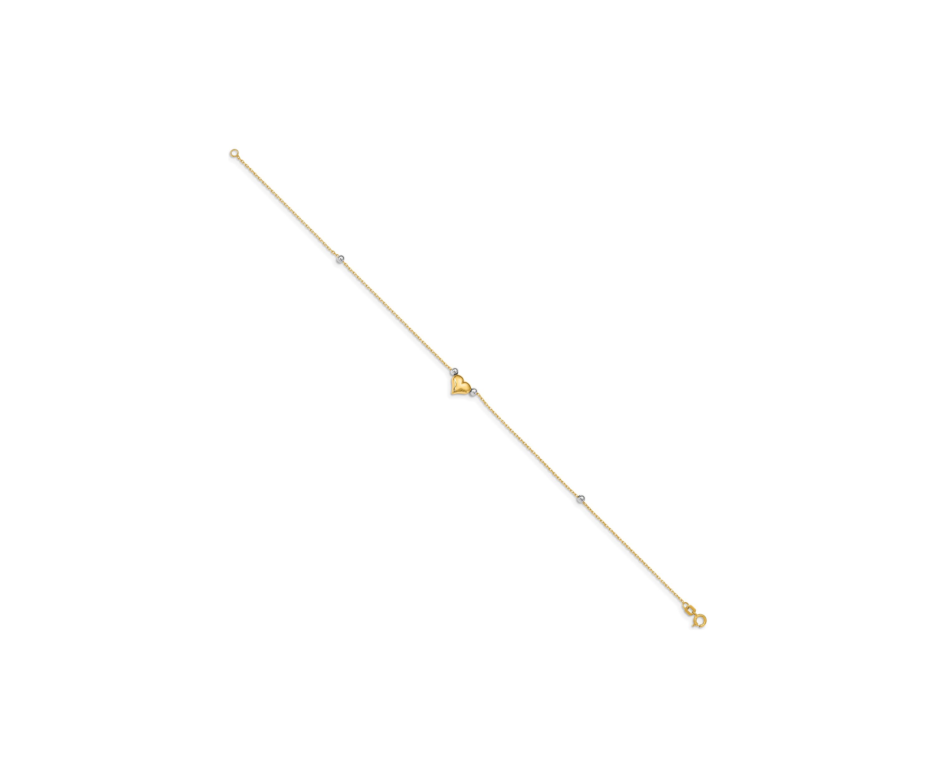 14K Two Tone Polished Puffed Heart with Beads 10 Inch Anklet