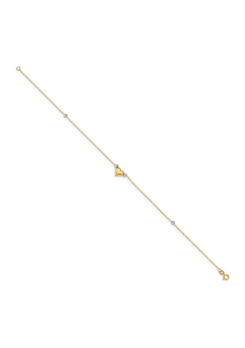 14K Two Tone Polished Puffed Heart with Beads 10 Inch Anklet