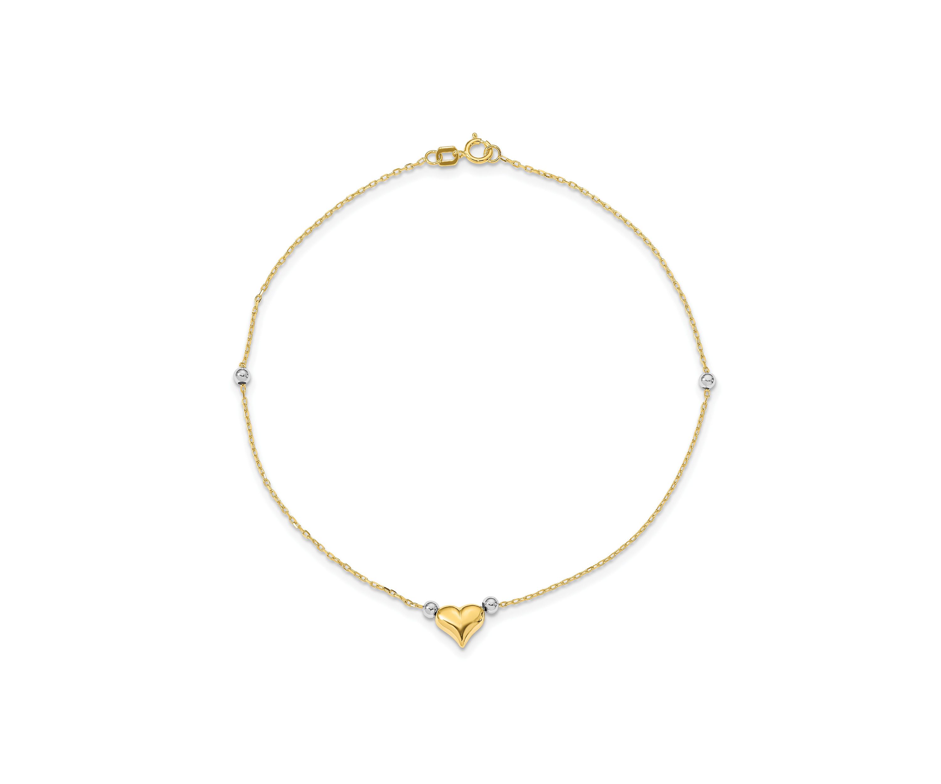 14K Two Tone Polished Puffed Heart with Beads 10 Inch Anklet