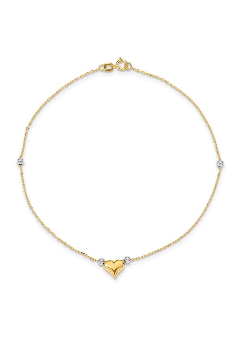 14K Two Tone Polished Puffed Heart with Beads 10 Inch Anklet