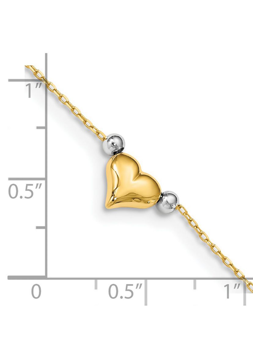 14K Two Tone Polished Puffed Heart with Beads 10 Inch Anklet