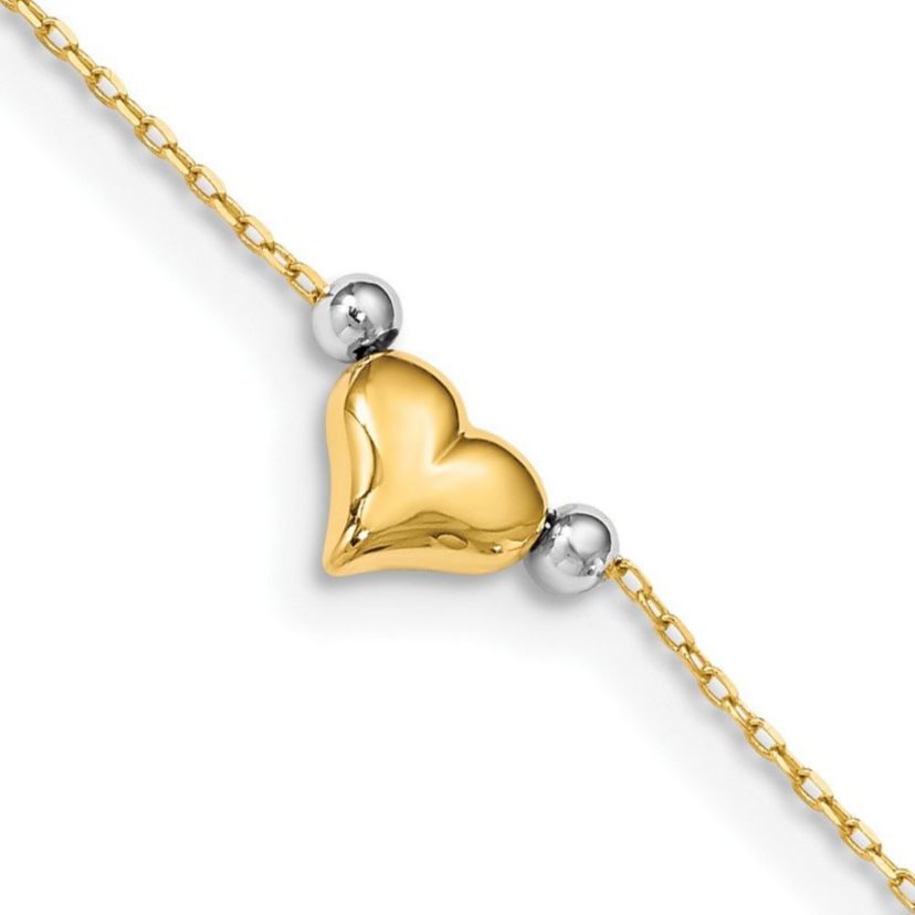14K Two Tone Polished Puffed Heart with Beads 10 Inch Anklet