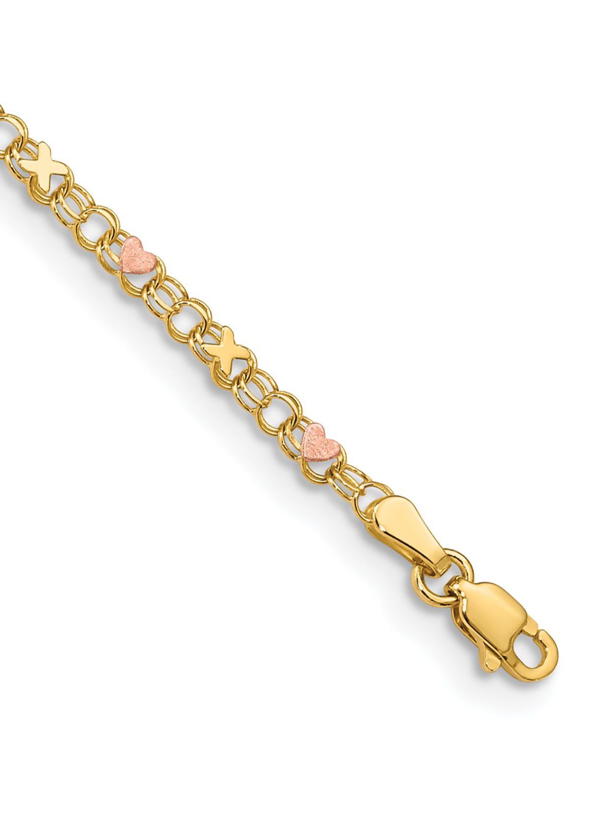 14K Yellow Gold and Rose Rhodium Xs and Hearts 10 Inch Anklet