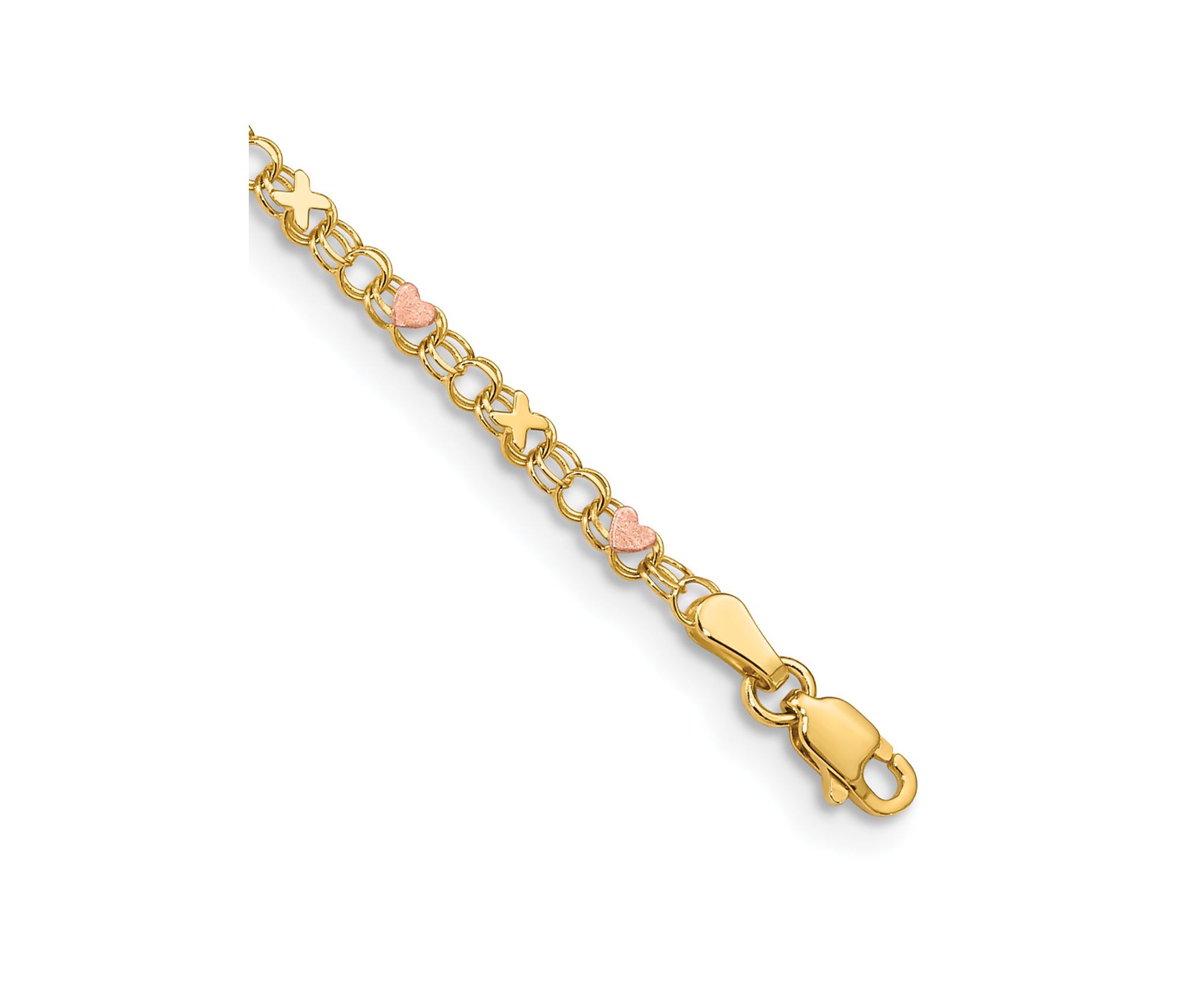 14K Yellow Gold and Rose Rhodium Xs and Hearts 10 Inch Anklet