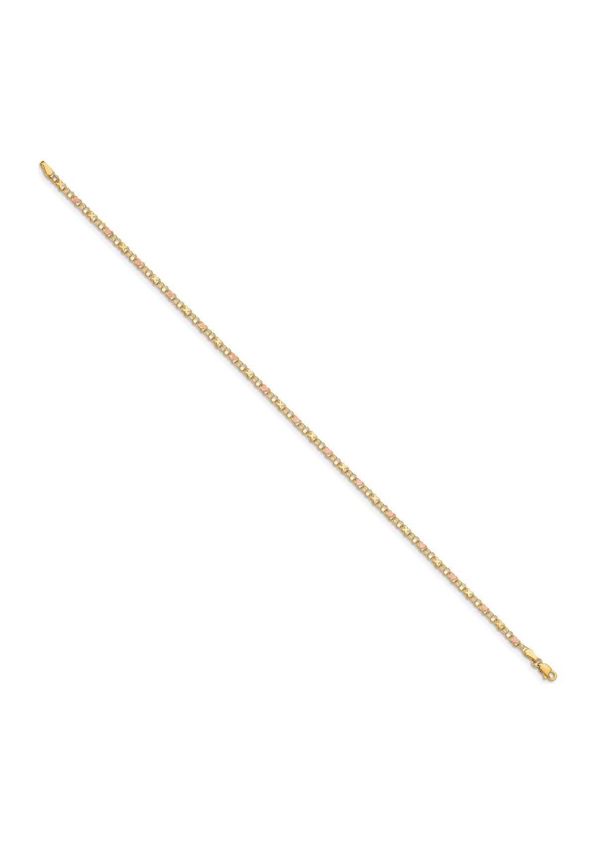 14K Yellow Gold and Rose Rhodium Xs and Hearts 10 Inch Anklet