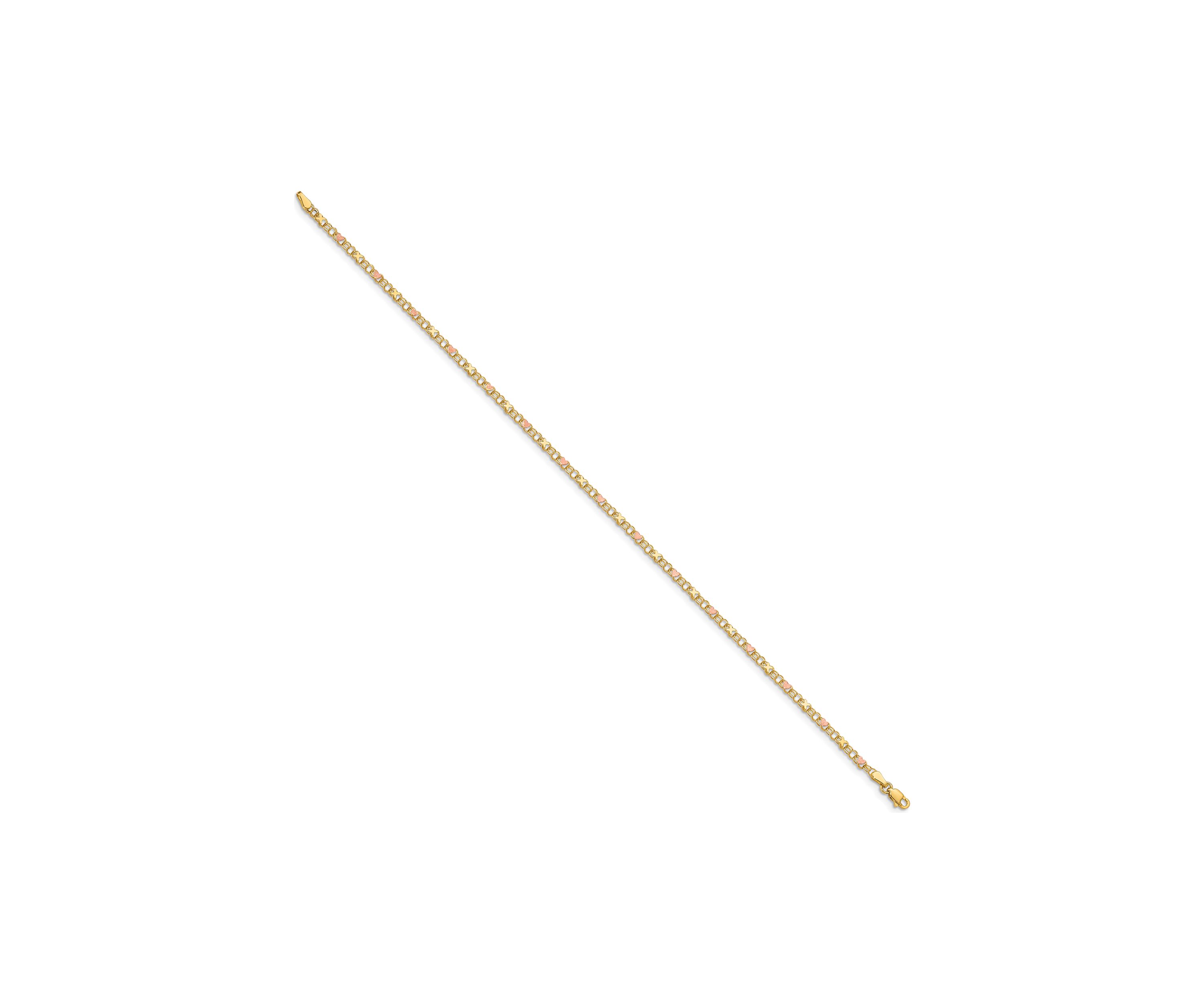 14K Yellow Gold and Rose Rhodium Xs and Hearts 10 Inch Anklet