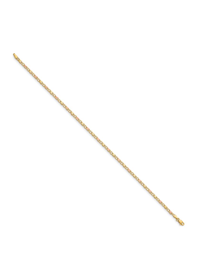 14K Yellow Gold and Rose Rhodium Xs and Hearts 10 Inch Anklet