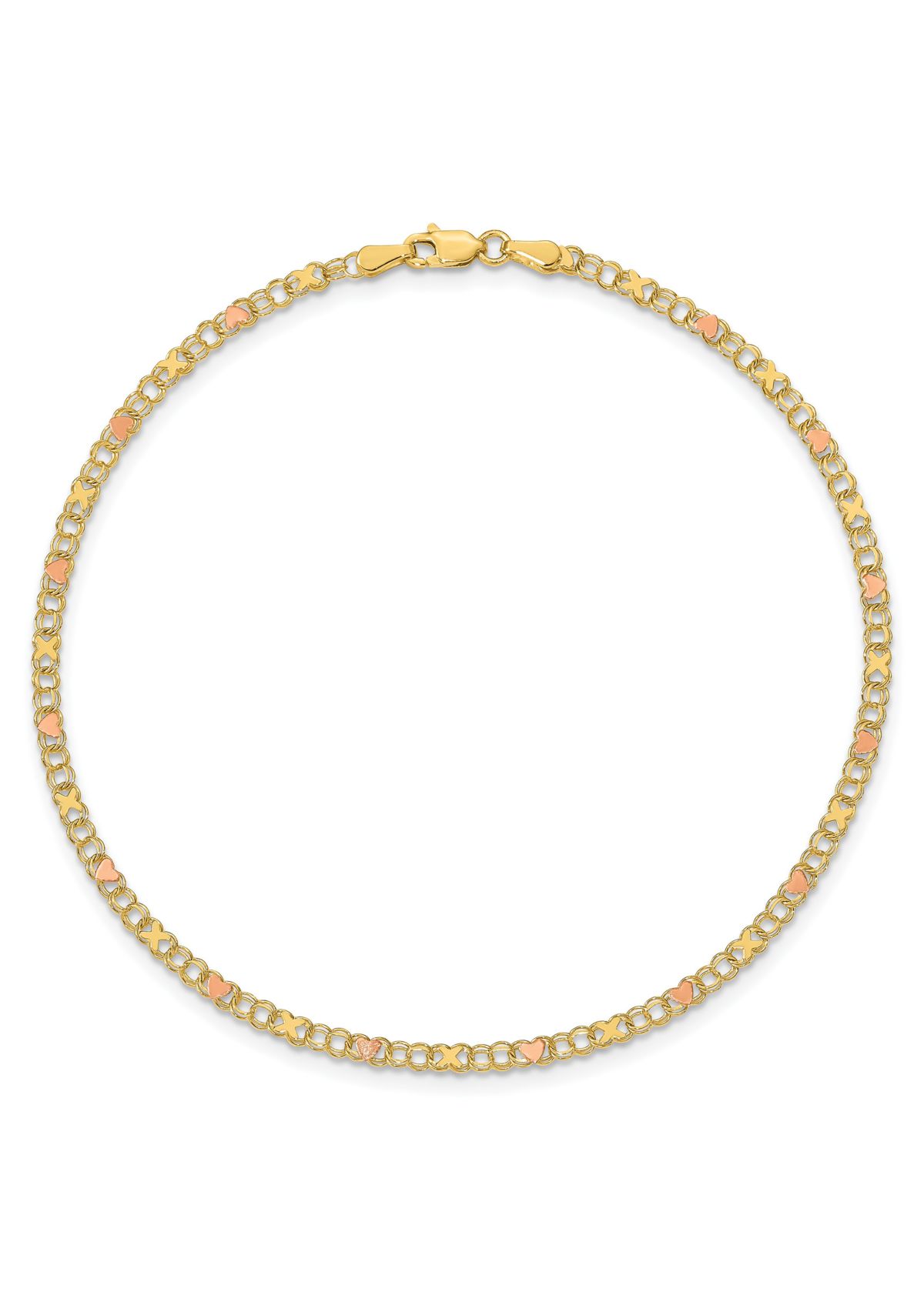 14K Yellow Gold and Rose Rhodium Xs and Hearts 10 Inch Anklet