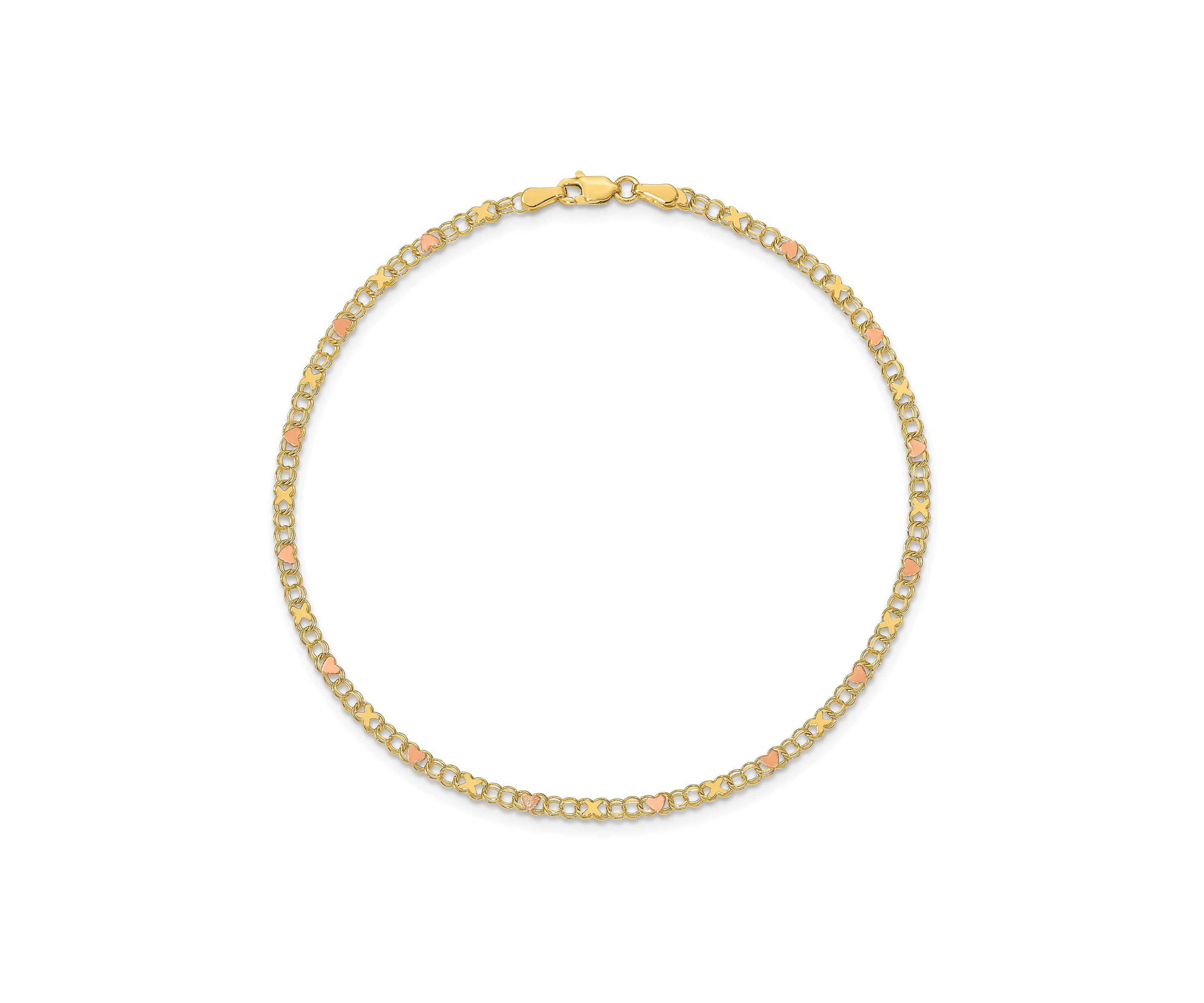 14K Yellow Gold and Rose Rhodium Xs and Hearts 10 Inch Anklet
