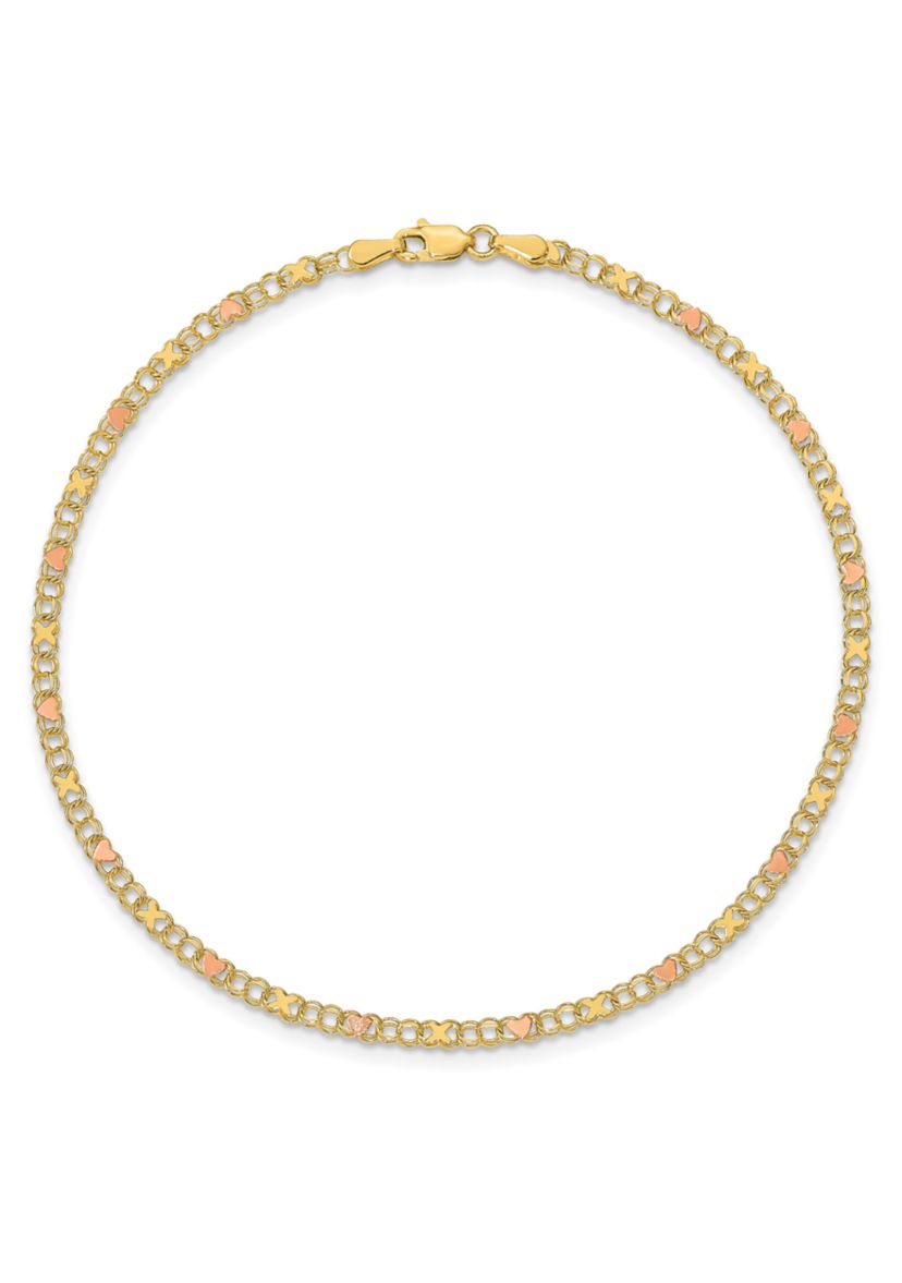 14K Yellow Gold and Rose Rhodium Xs and Hearts 10 Inch Anklet