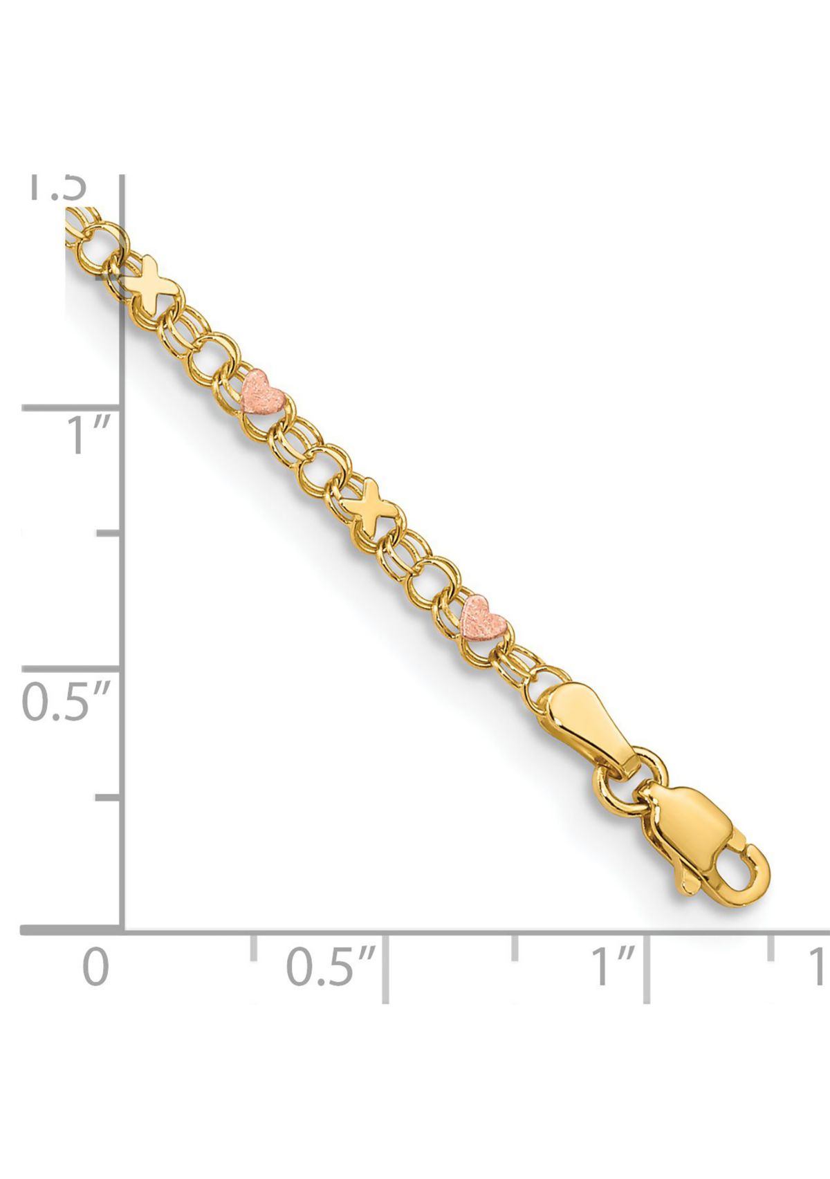 14K Yellow Gold and Rose Rhodium Xs and Hearts 10 Inch Anklet