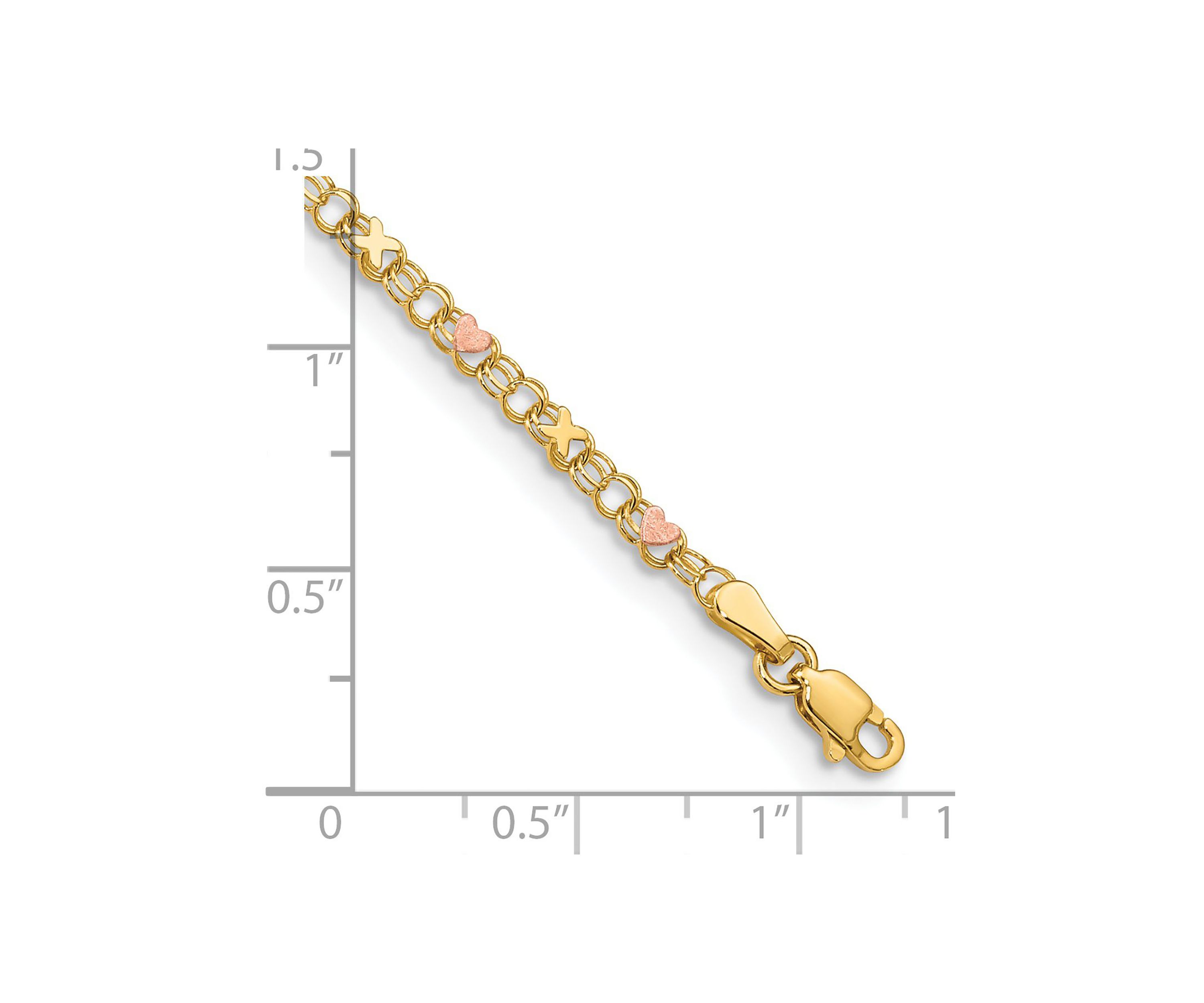 14K Yellow Gold and Rose Rhodium Xs and Hearts 10 Inch Anklet