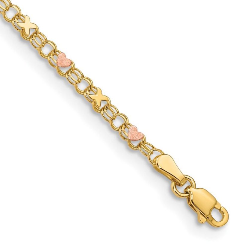 14K Yellow Gold and Rose Rhodium Xs and Hearts 10 Inch Anklet