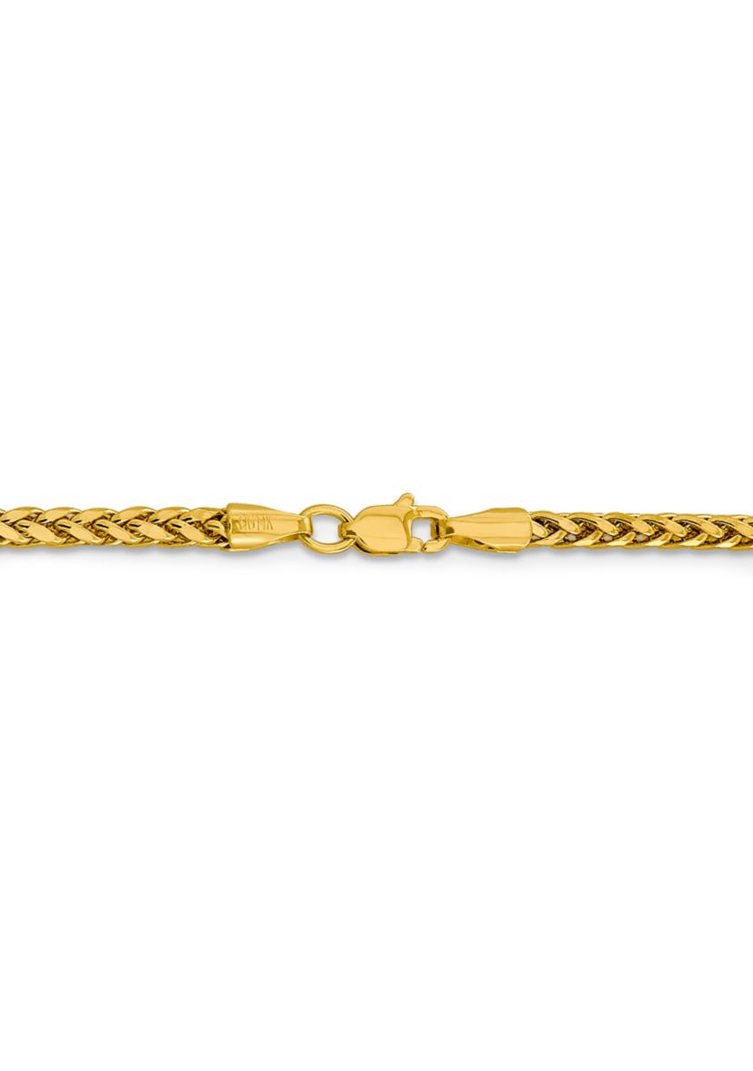 Mens 14K Yellow Gold 2.5 Millimeter Semi Solid Diamond Cut Wheat Chain Bracelet