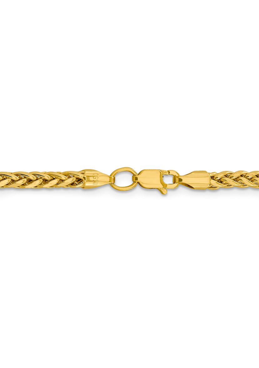 Mens 14K Yellow Gold 3.1 Millimeter Semi Solid Diamond Cut Wheat Chain Bracelet