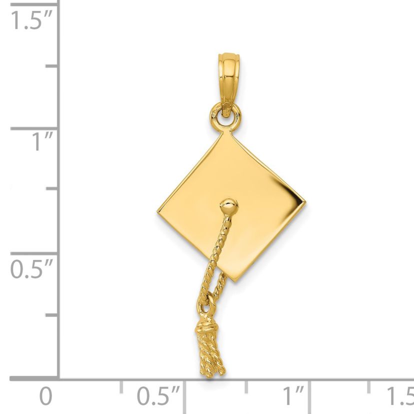 14K Yellow Gold Solid Polished 3D Graduation Cap Pendant