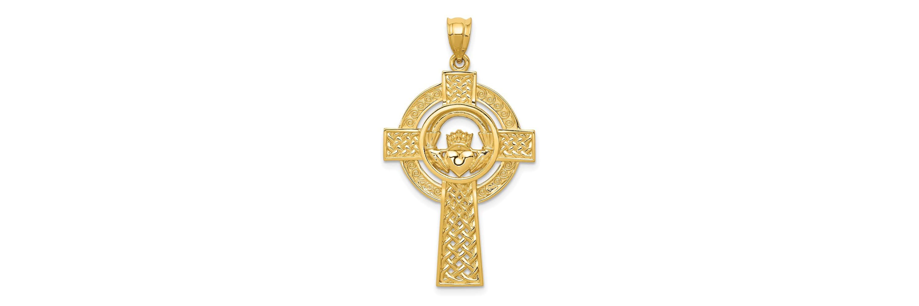 14K Yellow Gold Celtic Claddagh Cross Pendant