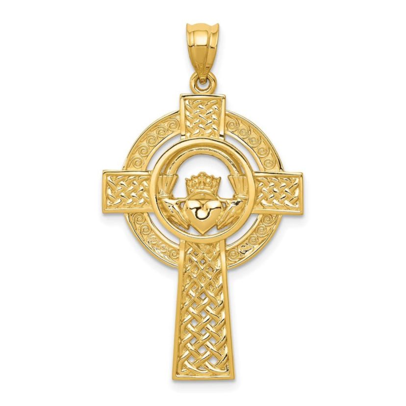 14K Yellow Gold Celtic Claddagh Cross Pendant