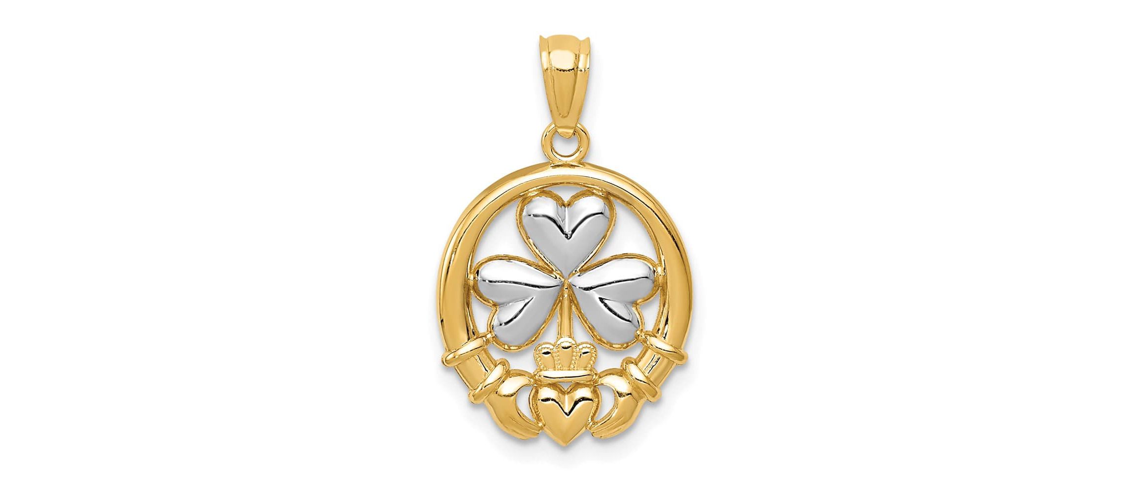 14K Yellow Gold Rhodium-plated Shamrock and Claddagh Pendant