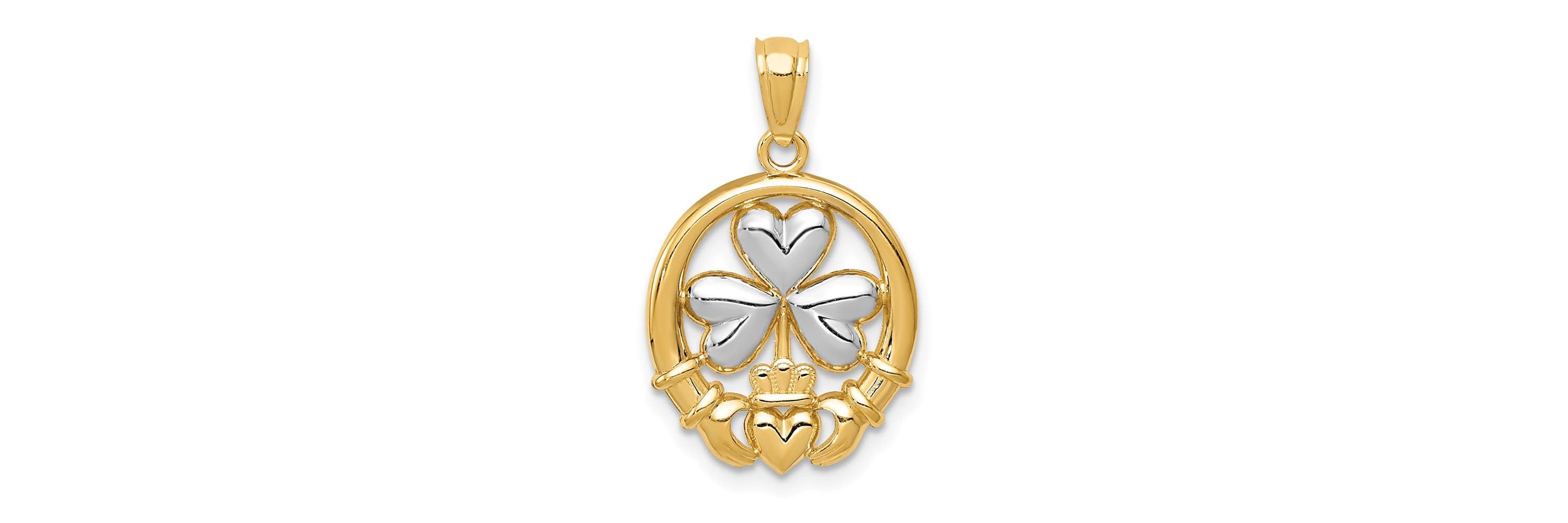 14K Yellow Gold Rhodium-plated Shamrock and Claddagh Pendant